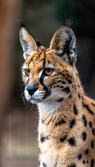 Close up portrait of male serval and kitten with text space on left side for versatile use