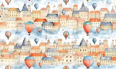 Seamless pattern with cute watercolor houses and hot air balloons.