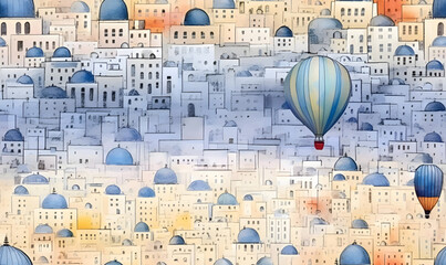 Watercolor cityscape with hot air balloons. Hand drawn illustration.