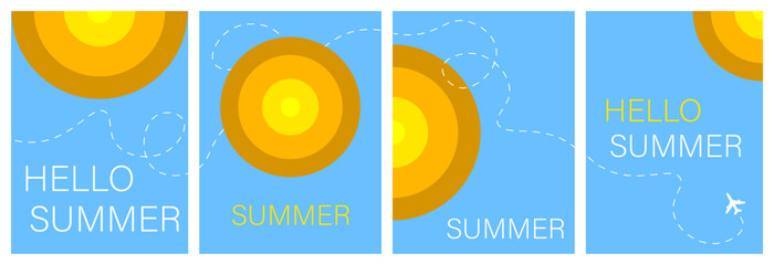 Bright creative hello summer postcard, set of stylish postcards.