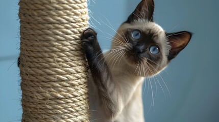 Sleek Siamese Cat Scratching at Sisal Post with Catching Claws - obrazy, fototapety, plakaty