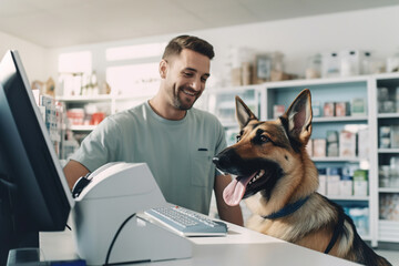 A man and a dog in a Veterinary pharmacy store.