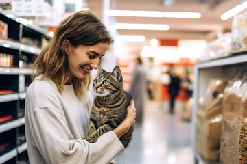 A woman is holding a cat in a pet food store.  Buying food for cat. - obrazy, fototapety, plakaty