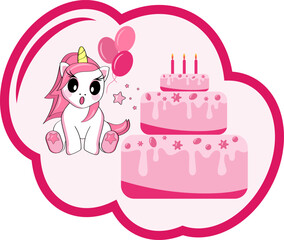 Cute surprised cartoon unicorn sitting with a big cake. Holiday sticker.