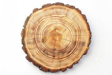 top view a wooden tree slice with visible rings isolated on white background. tree stump