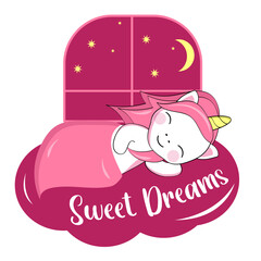 Cute cartoon unicorn sleeps under a blanket against the background of a window with the night sky. Sticker, postcard with an inscription.