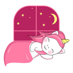 Cute cartoon unicorn sleeps under a blanket against the background of a window with the night sky. Sticker, postcard.