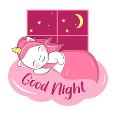 Cute cartoon unicorn sleeps under a blanket against the background of a window with the night sky. Sticker, postcard with an inscription.