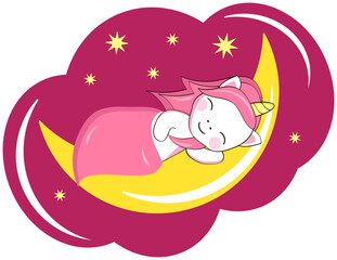 Cute cartoon unicorn sleeps under a blanket on the moon. Sticker, postcard.