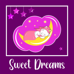 Cute cartoon unicorn sleeps under a blanket on the moon.Ready card with inscription.