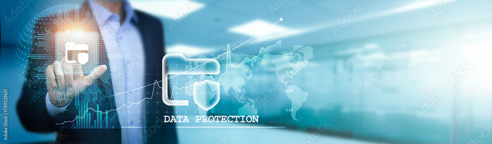 Poster businessman touch a circuit board to ensure secure transactions on the global network, privacy conce