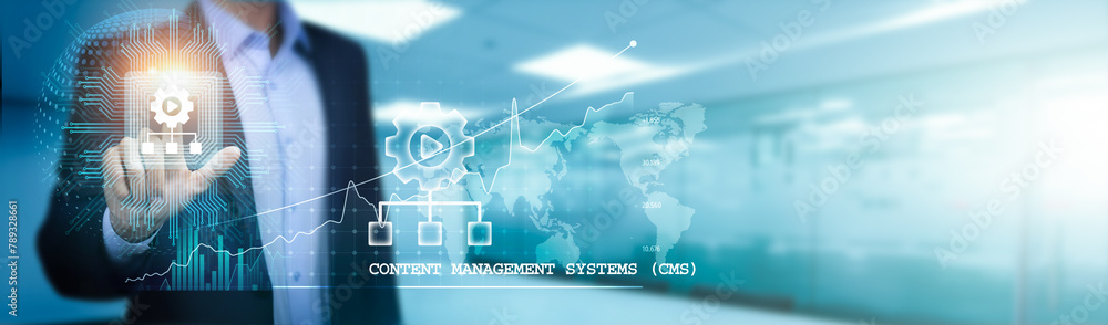 Poster businessman touches a circuit board, fortifying the foundation of the global network and safeguardin