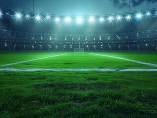 Obraz premium empty football field with green grass in a stadium with burning floodlights and empty stands