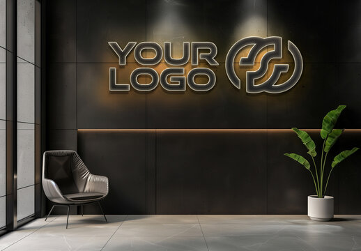 Neon Logo Mockup On Black Office Wall. Generative Ai