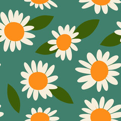Fototapeta na wymiar Seamless pattern with white daisies on a green background