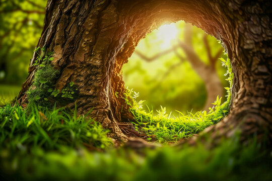 Hollow tree trunk with hole to enter inside. Large opening at the base of a trunk. Darkness inside a tree and mysteries of the forest. Old tree with large hollow cavern inside, potential animal den