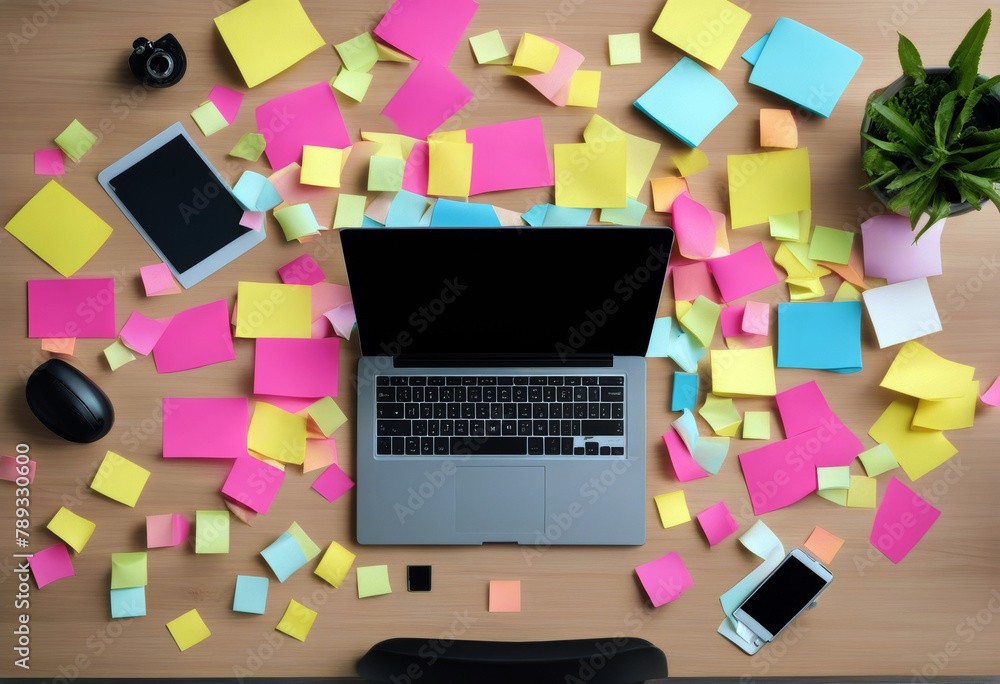 Poster post-it office overwhelmed it overloaded workplace place desk post note notes task all work concept 