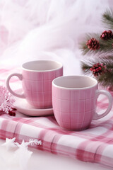 Obraz na płótnie Canvas Mugs with tartan patterns, pink christmas сreated with Generative Ai