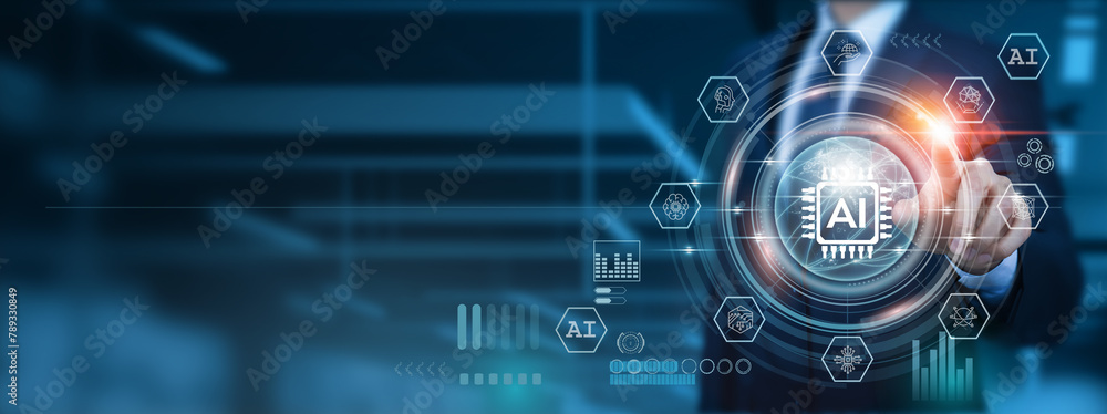 Poster artificial intelligence, revolutionizing, innovative businessman touch icon with intelligent integra