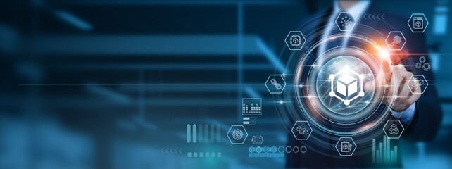 Blockchain technology empowers businessman pointing icon with innovative solutions, revolutionizing strategies for sustainable development in the digital era's global network.