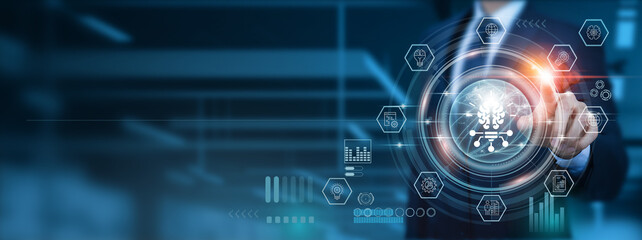 Business intelligence (BI), businessman-pointing icon with insightful analysis of data, strategies...