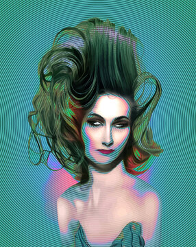 Illustrazione di figura di donna con capelli al vento forma astratta su sfondo psichedelico ipnotico multicolor stile copertina album disco musica