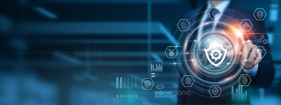 Assurance Tools, Techniques, Businessman pointing icon with Confidence and Trust of Clients, strategies for Sustainable Development in the Rapidly Evolving Global Network