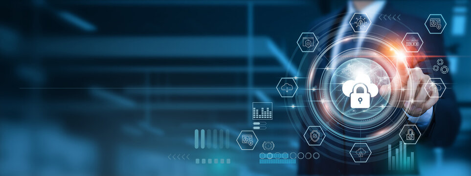 Cloud security, empowering businessman pointing icon with robust layers of protection, strategies for seamless development in the dynamic cloud environment within the expansive global network