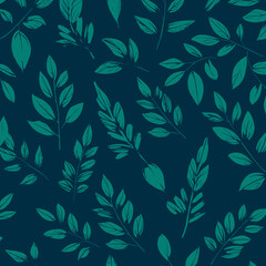 Seamless pattern with green leaves on dark blue background. Vector illustration.