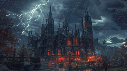 grand Gothic castle on a stormy Halloween night. Lightning illuminates the towering spires and gargoyles. Inside, aristocratic vampires host a macabre ball. Guests wear elaborate Gothic costumes, and  - obrazy, fototapety, plakaty