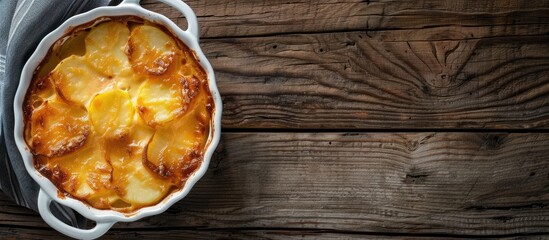 Potato gratin in a white baking dish on a wooden background is photographed from above, leaving room for text.