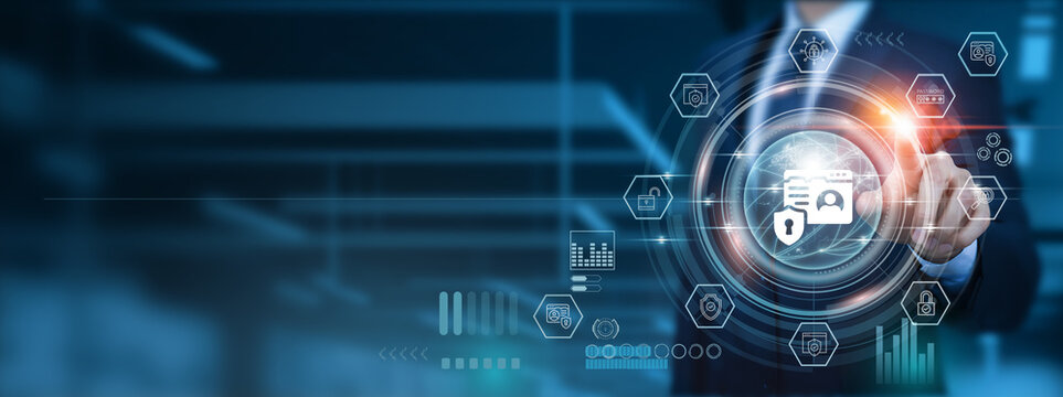 Information security solutions empower businessman pointing icon with robust frameworks and strategies for seamless development in the rapidly evolving global network.