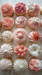 Background above view of various decorated cupcakes designs and flavors