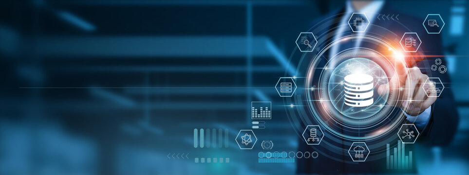 The power of big data is a visionary Businessman pointing icon with innovative utilization of analytics and strategies for sustainable development in the ever-evolving landscape of the global network.