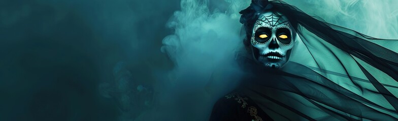 Woman with a Day of the Dead mask on a dark foggy blue background. Created with Ai technology.