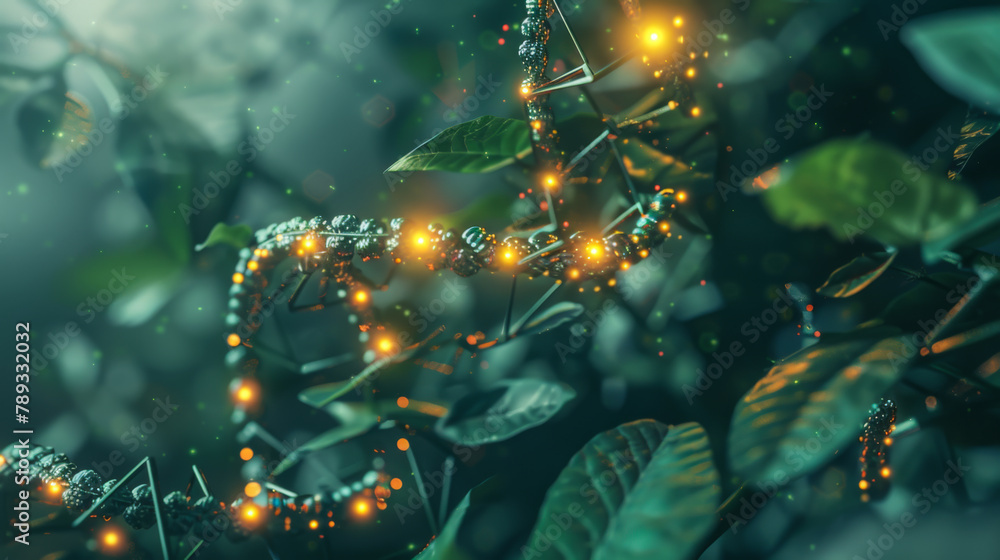 Poster abstract dna plexus structure with blue, green helix. science concept, experiments, research.