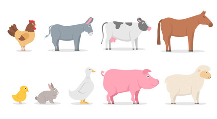 Collection of cute cartoon characters isolated on white background. Farm animals set in flat style. Husbandry set pig, duck, rabbit, sheep, donkey, cow, horse, rooster, chicken, goose. Vector.
