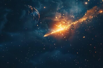 bright flaming meteor with glowing tail in night sky astronomy concept - obrazy, fototapety, plakaty