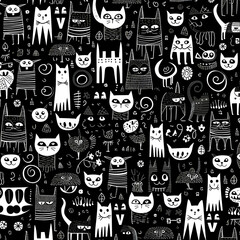 Seamless pattern with cute hand drawn cats. Vector illustration.