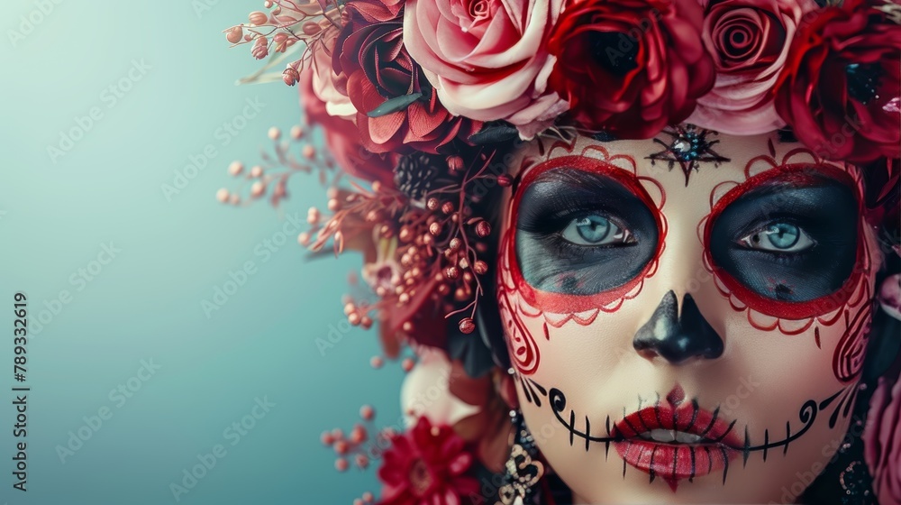 Poster day of the dead skeleton face painting background with space for additional text