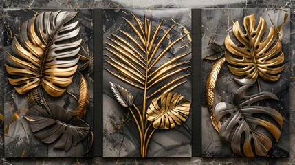  3d wall art design, three panel composition of palm leaves in silver and gold, on dark marble background, golden elements