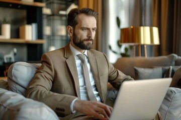 businessman typing on laptop searching information online remote work - obrazy, fototapety, plakaty