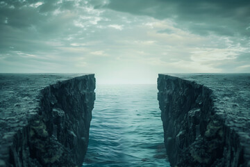 Gap of the abyss cliff edge on the gray cloudy sky, The challenge route for successful concept background