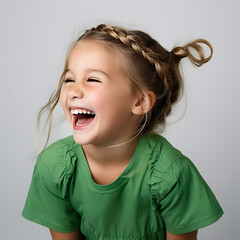 6 year-old American girl, laughing super happily blonde white background side buns hairstyle