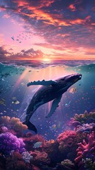 Fototapeta premium Vibrant Sunset Seascape with Breaching Humpback Whale Amidst Colorful Coral Reef Underwater