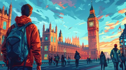 Illustration of people traveling and having fun in Big ben, Generative AI  - obrazy, fototapety, plakaty