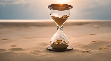 Hourglass with coins and sand on a serene beach at twilight, conceptualizing time and financial investment with a tranquil horizon backdrop. Retirement planning and long-term savings concept.
