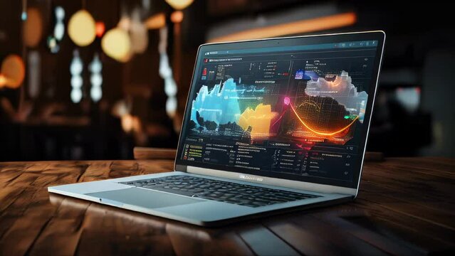 A laptop displaying dynamic business analytics onscreen, ideal for articles on market trends, data-driven decision making, and corporate success.  