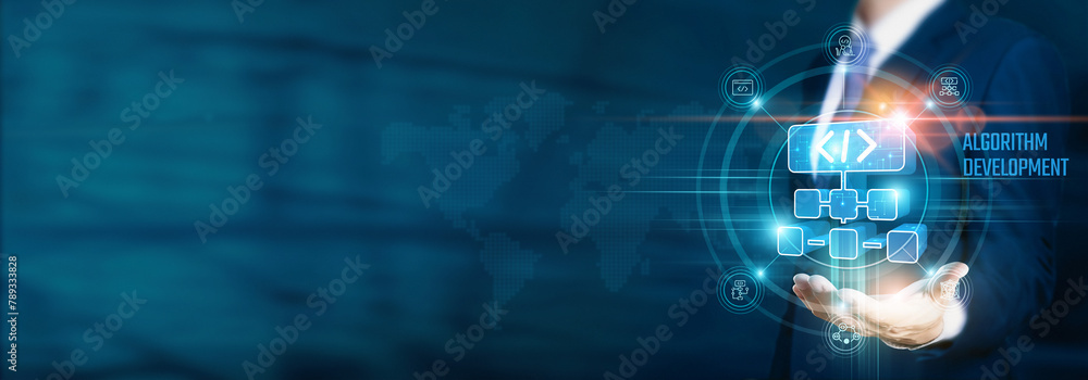 Poster businessman hand-holding algorithm development icons with innovation, technology, and network connec