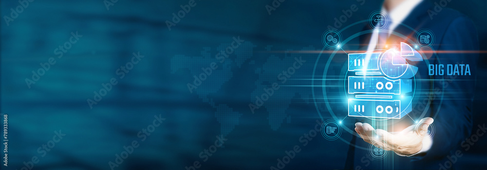 Poster businessman hand-holding big data and analytics icons with digital technology and a network connecti